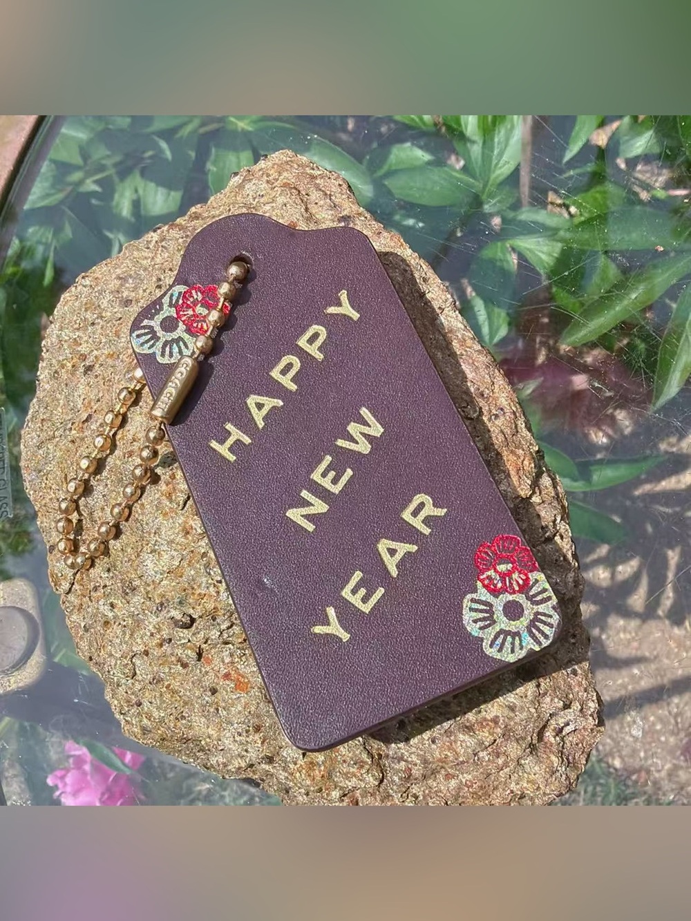 New Coach Large Leather Hangtag “Happy New Year” Tea Rose Print Keychain Charm
